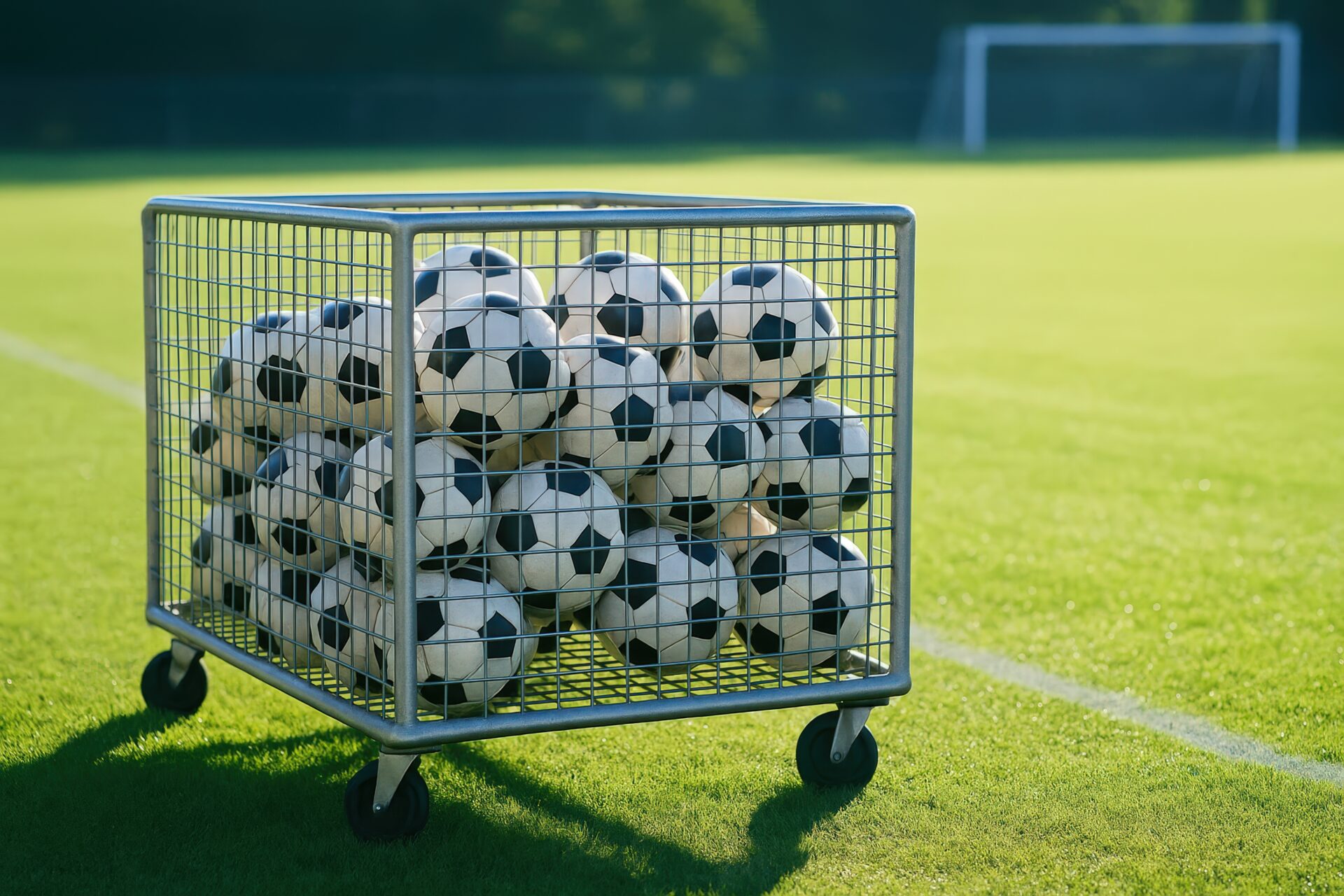 グラウンドに置かれた金網のボックスに詰められたサッカーボール