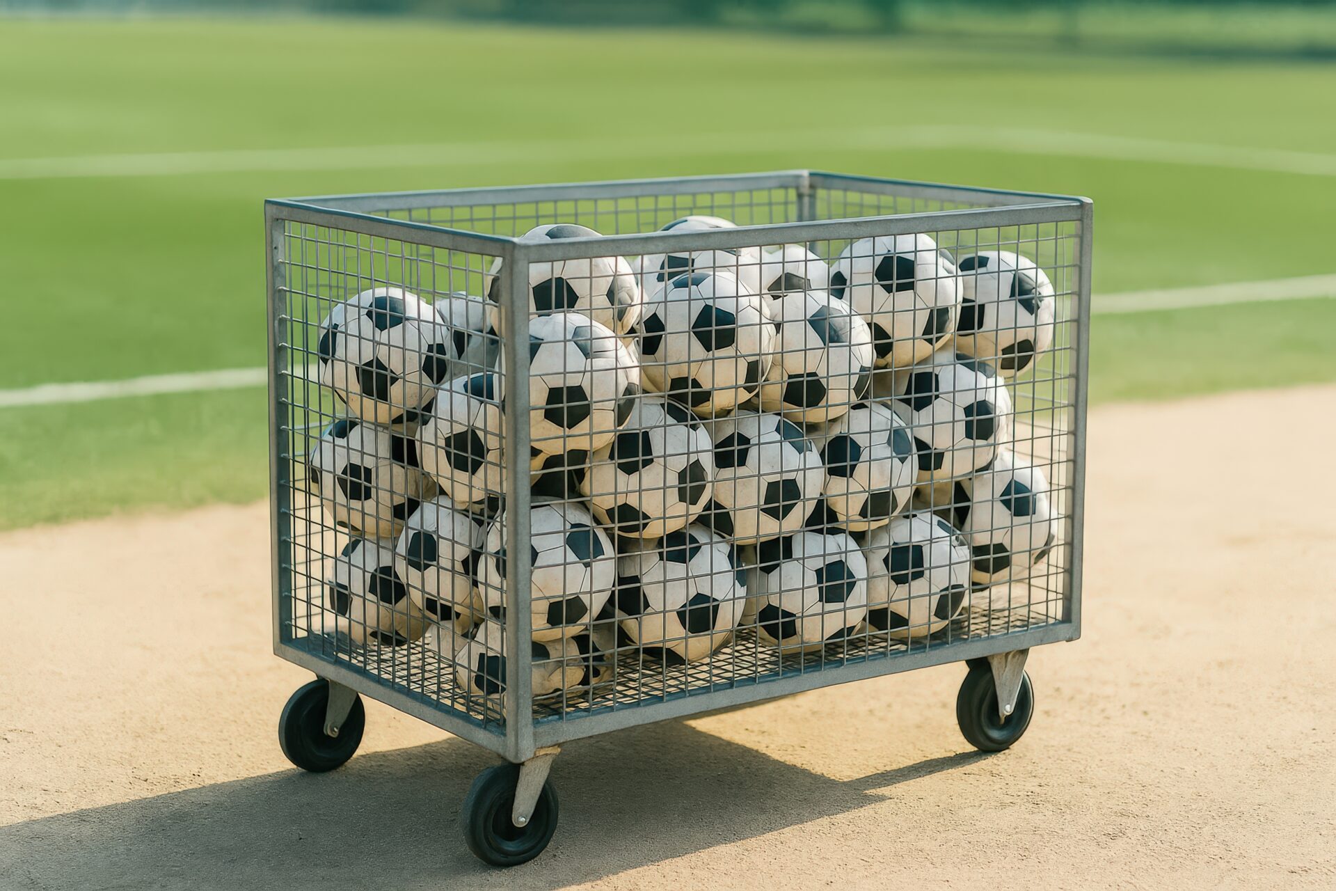 サッカーボールが詰まった金属製カゴとグラウンド