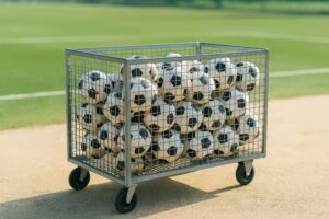 サッカーボールが詰まった金属製カゴとグラウンド