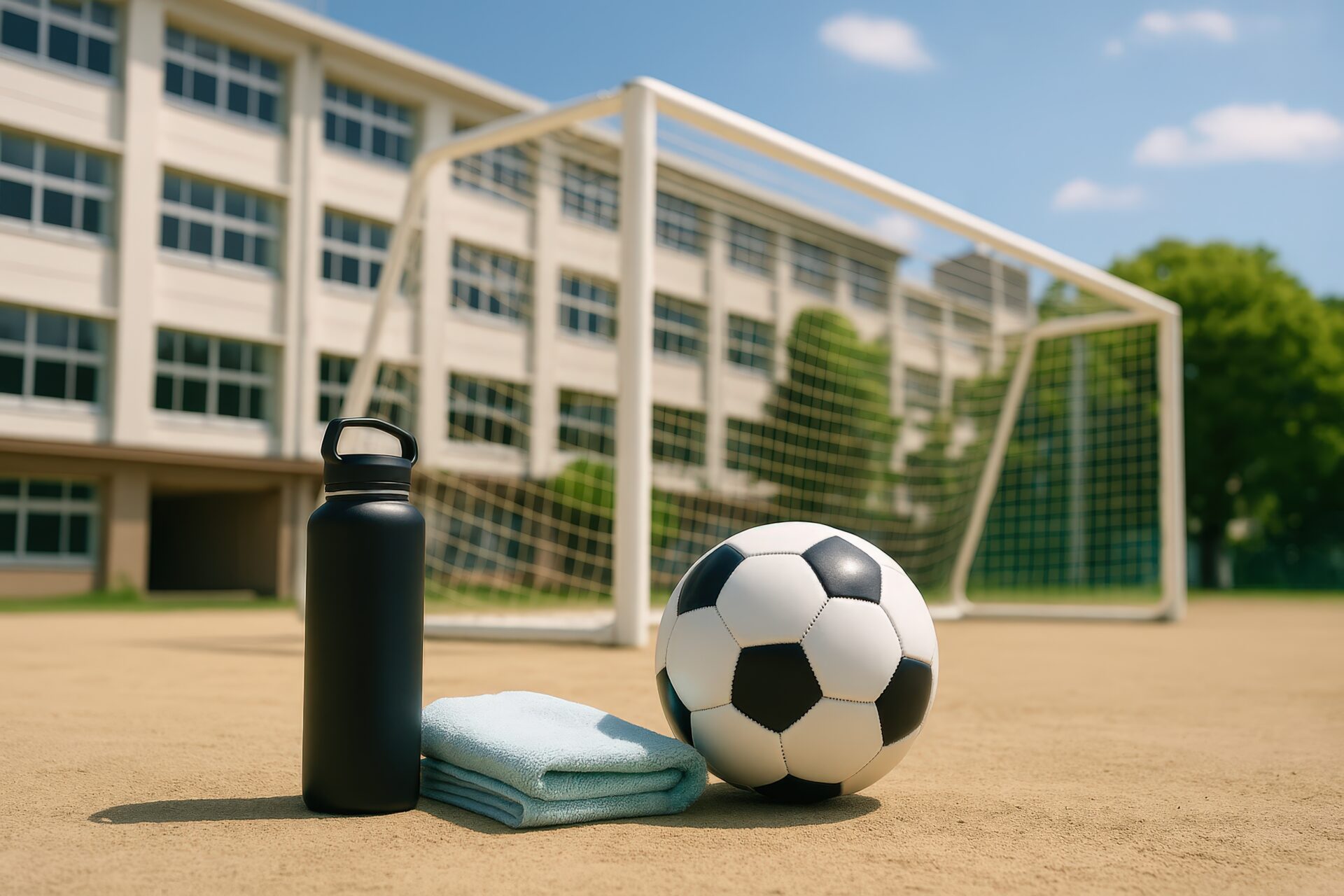 校庭のゴール前に置かれた水筒とタオルとサッカーボール