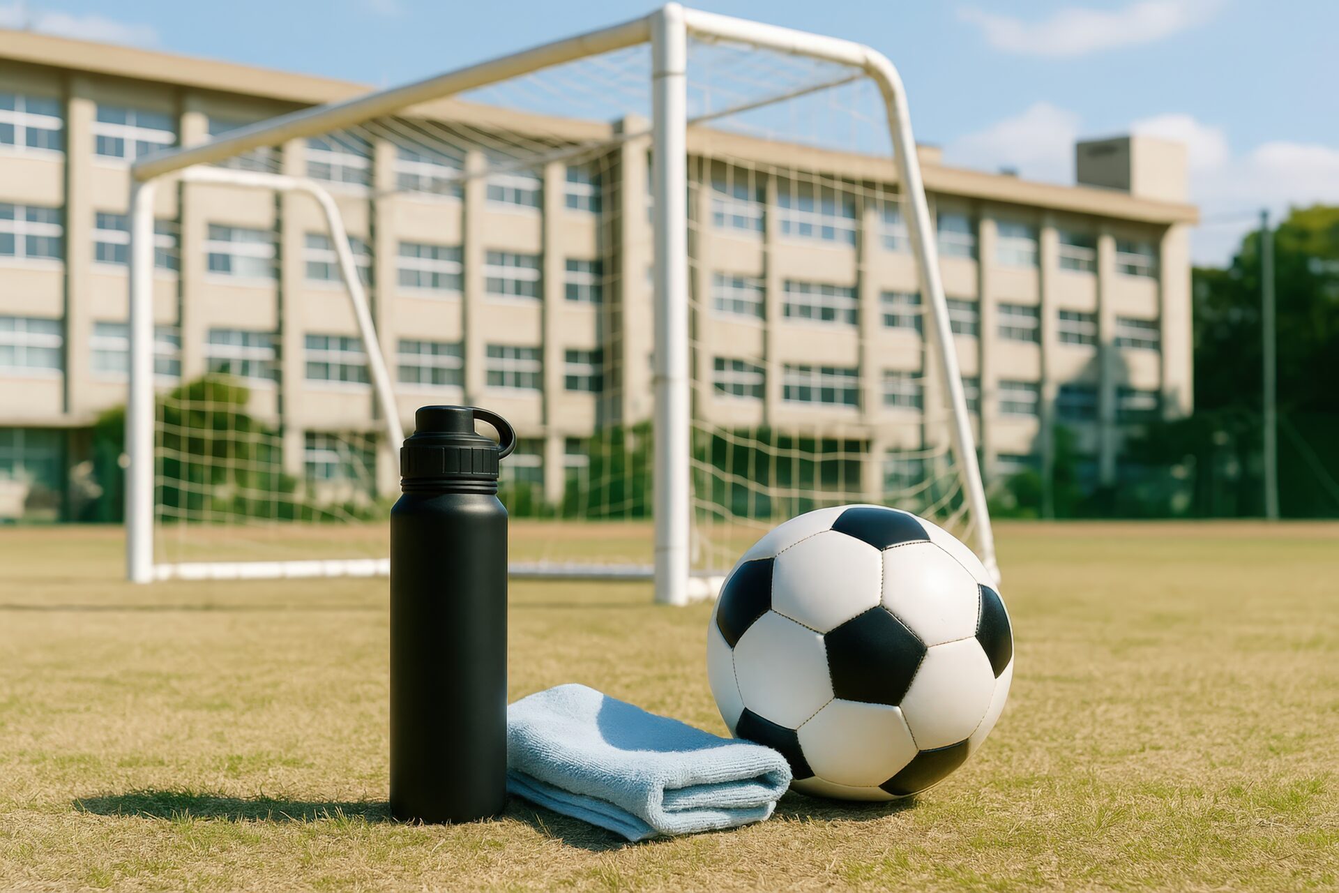 芝生のグラウンドに置かれたサッカー用具と学校の背景