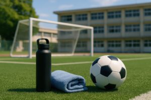 人工芝の上に並べられたサッカーボールと水筒とタオル