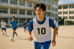 ビブスを着てサッカーをする笑顔の男子学生