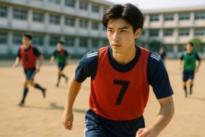真剣な表情でサッカーをする赤ビブスの男子学生