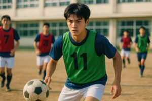 緑のビブスを着てボールを追う男子学生