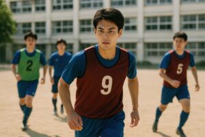 赤いビブスを着て走る男子学生とその仲間たち