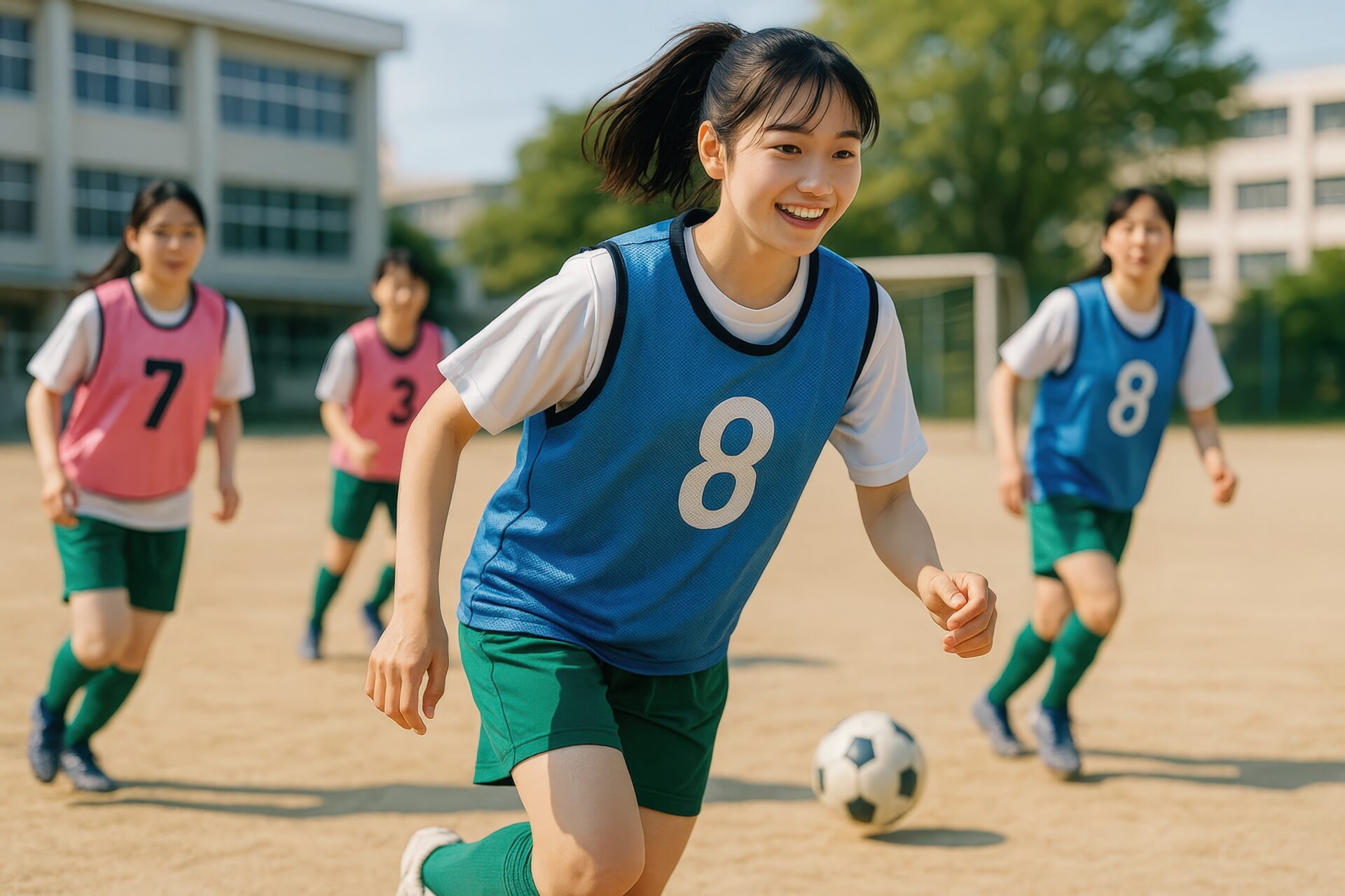 青いビブスを着てサッカーをする笑顔の女子学生