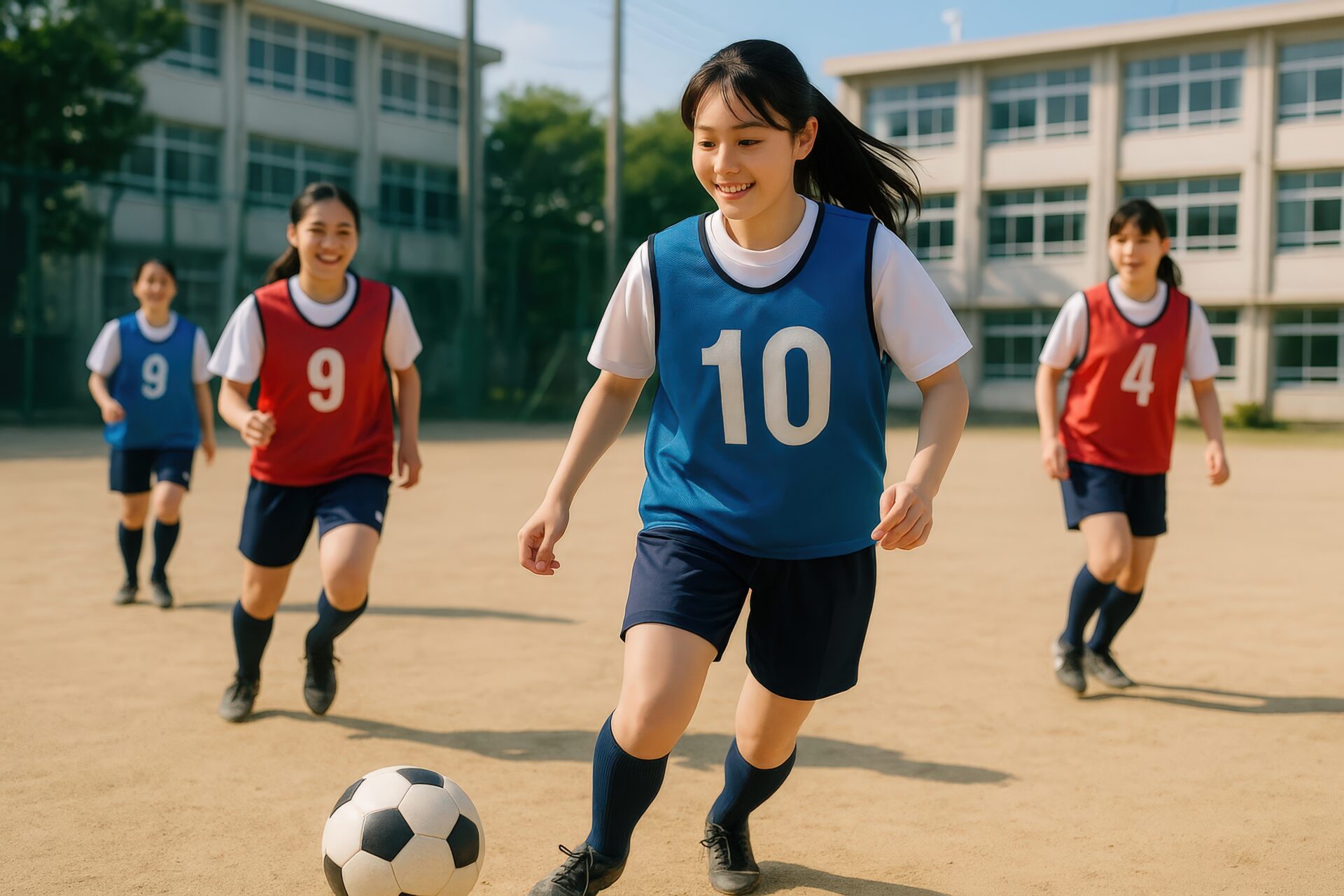 サッカーの試合でボールを追う女子学生たち