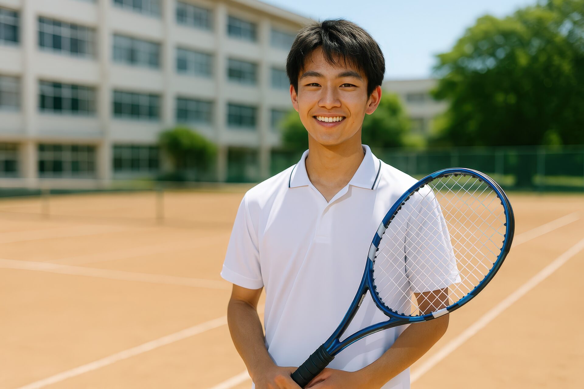 テニスラケットを持って笑顔を見せる男子学生