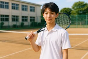 テニスラケットを肩に担ぐ男子学生