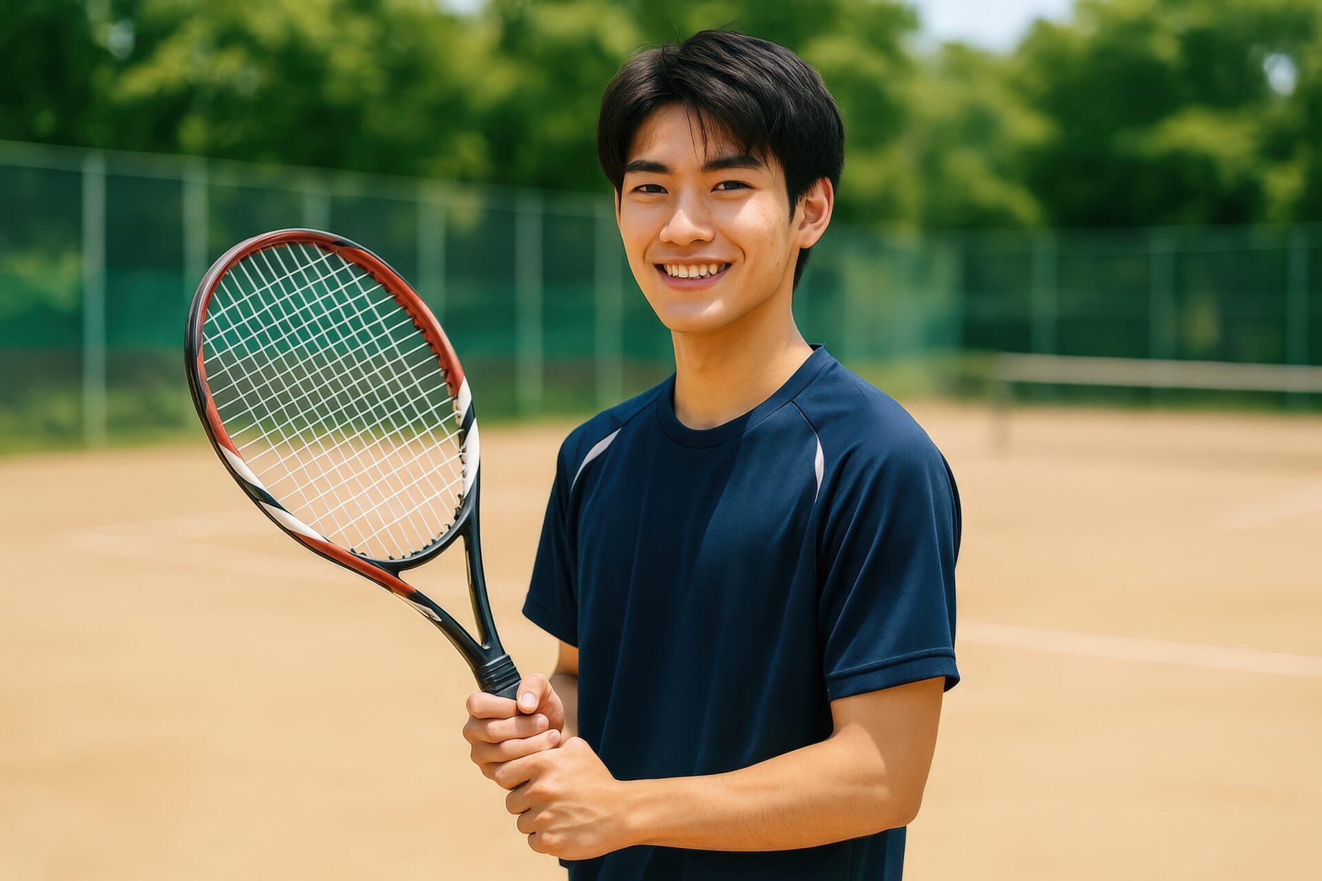 テニスラケットを構えて笑顔を見せる男子学生