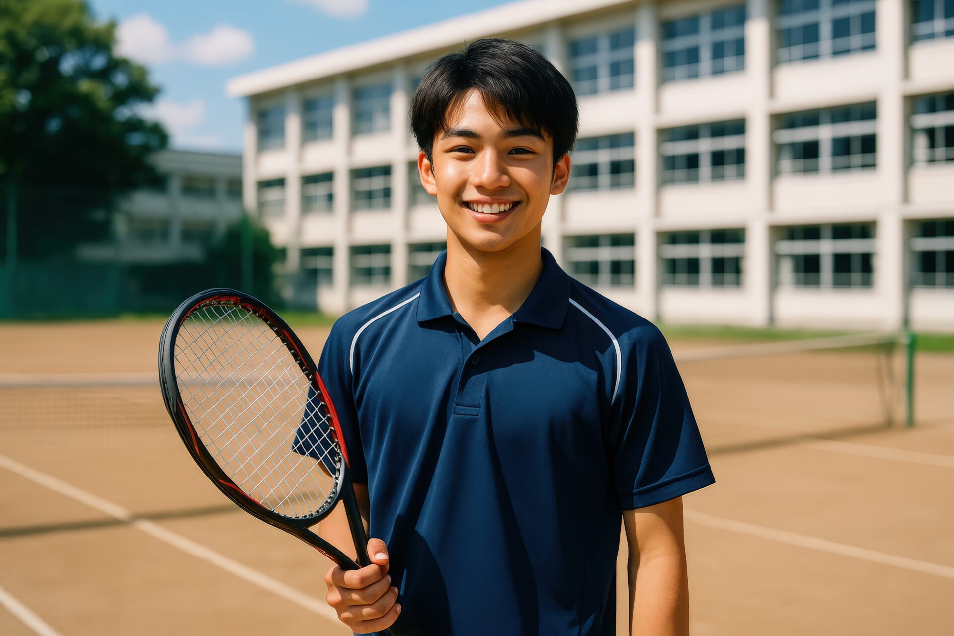 テニスコートでポーズを取る男子学生