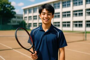 テニスコートでポーズを取る男子学生