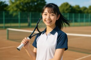 テニスラケットを肩に担ぐ笑顔の女子学生