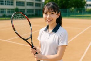 テニスラケットを手に持ちカメラを見る女子学生