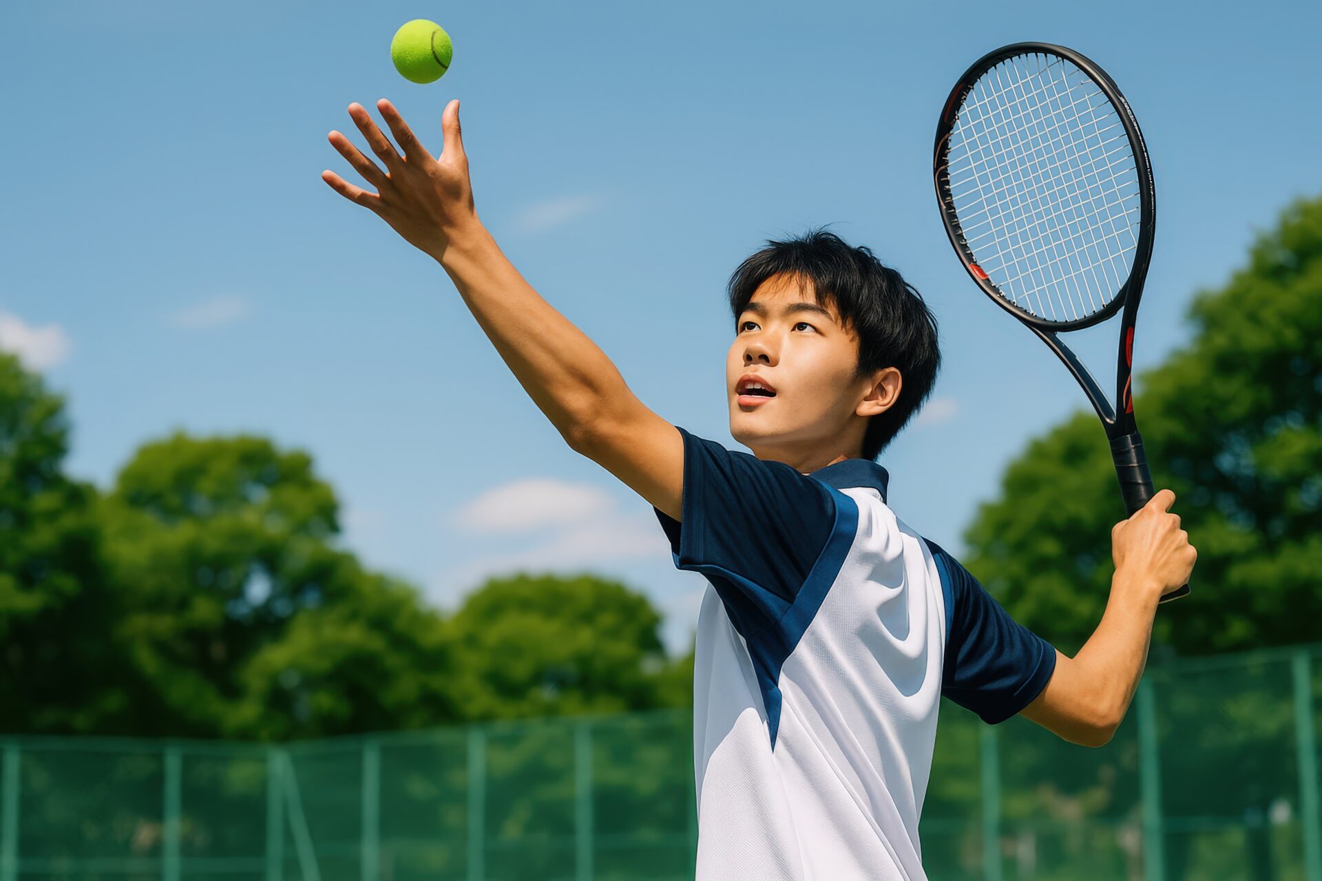 サーブの構えをする男子学生