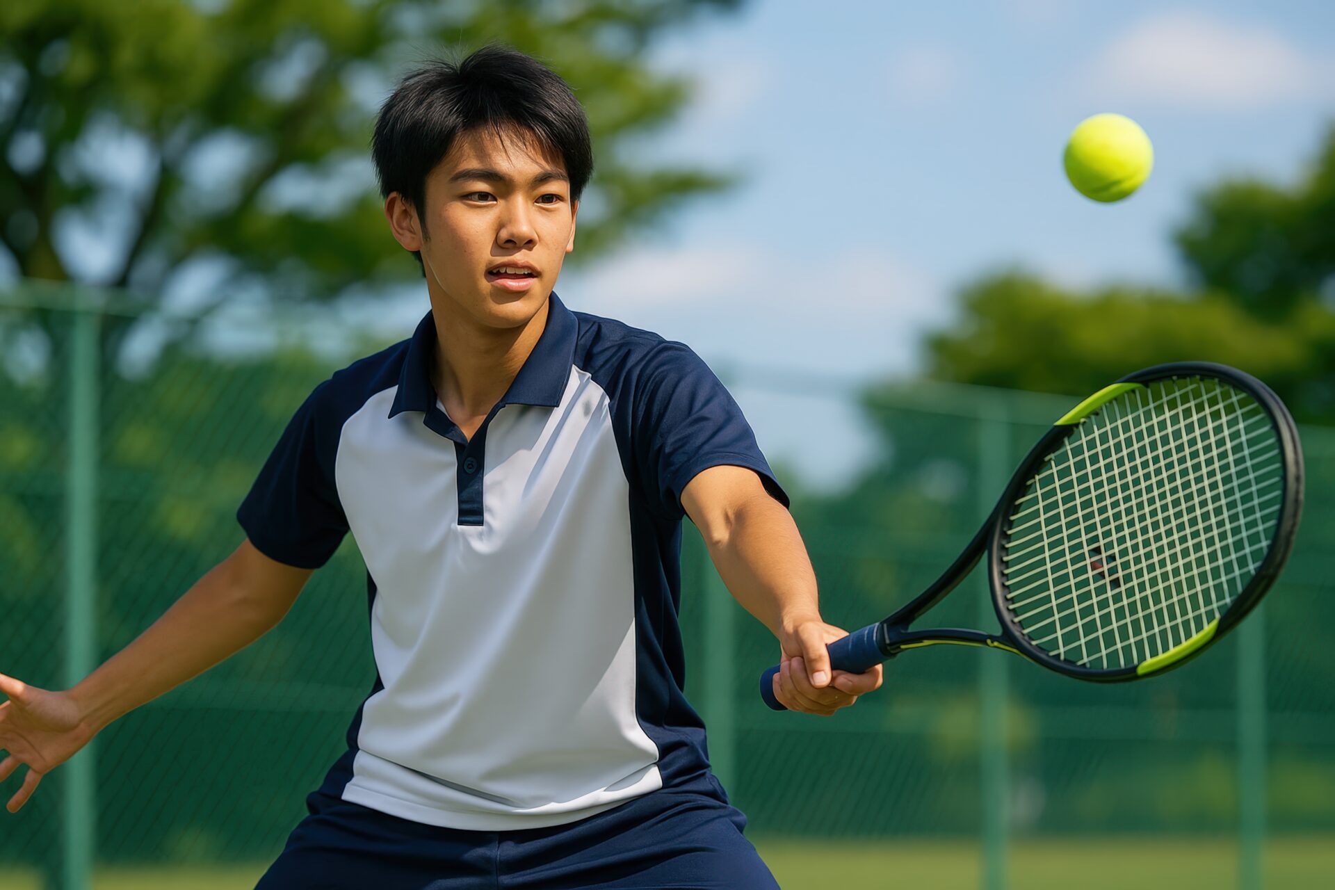 テニスの試合中にボールを見つめる男子学生