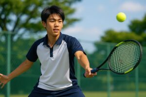 テニスの試合中にボールを見つめる男子学生