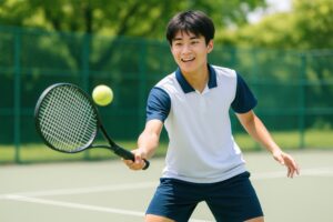 テニスボールを打つ瞬間の男子学生