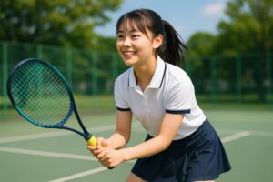 テニスの構えをする女子学生