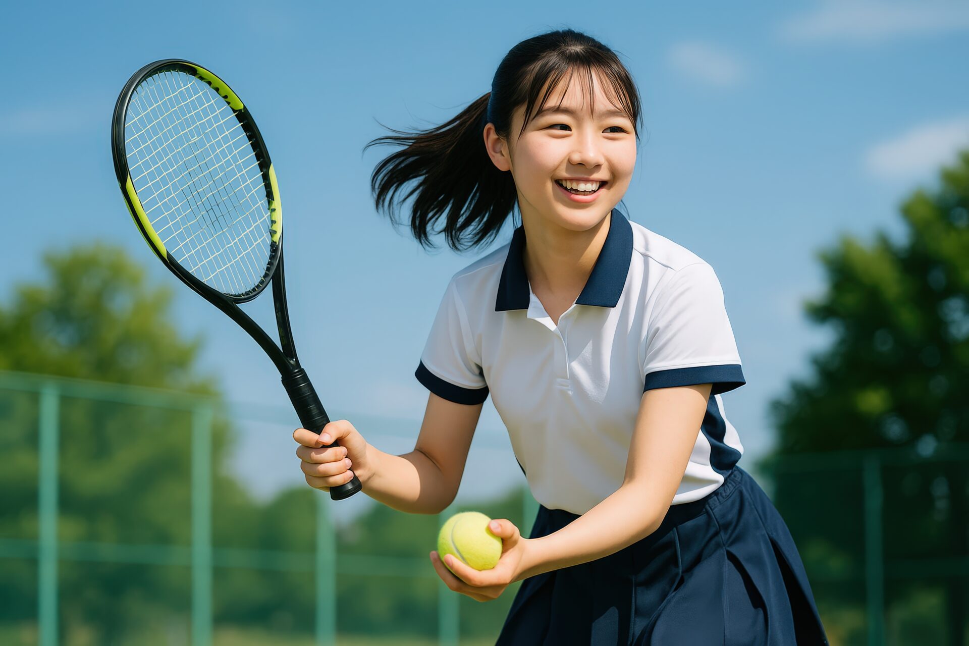 テニスボールを持ちサーブの準備をする女子学生
