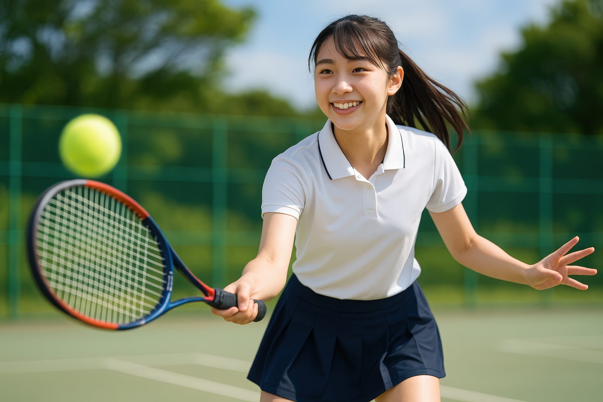 テニスボールに集中する女子学生