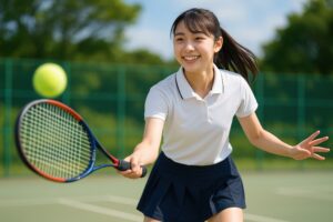 テニスボールに集中する女子学生