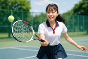 テニスラケットを振る女子学生