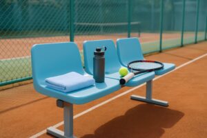 テニスコートのベンチに置かれたスポーツ用品一式