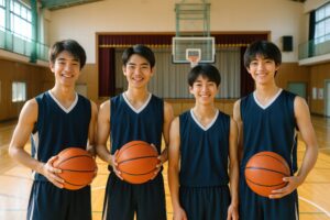 バスケットボールを持ち並ぶ男子学生たち
