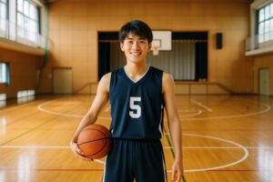 体育館でバスケットボールを持つ男子学生