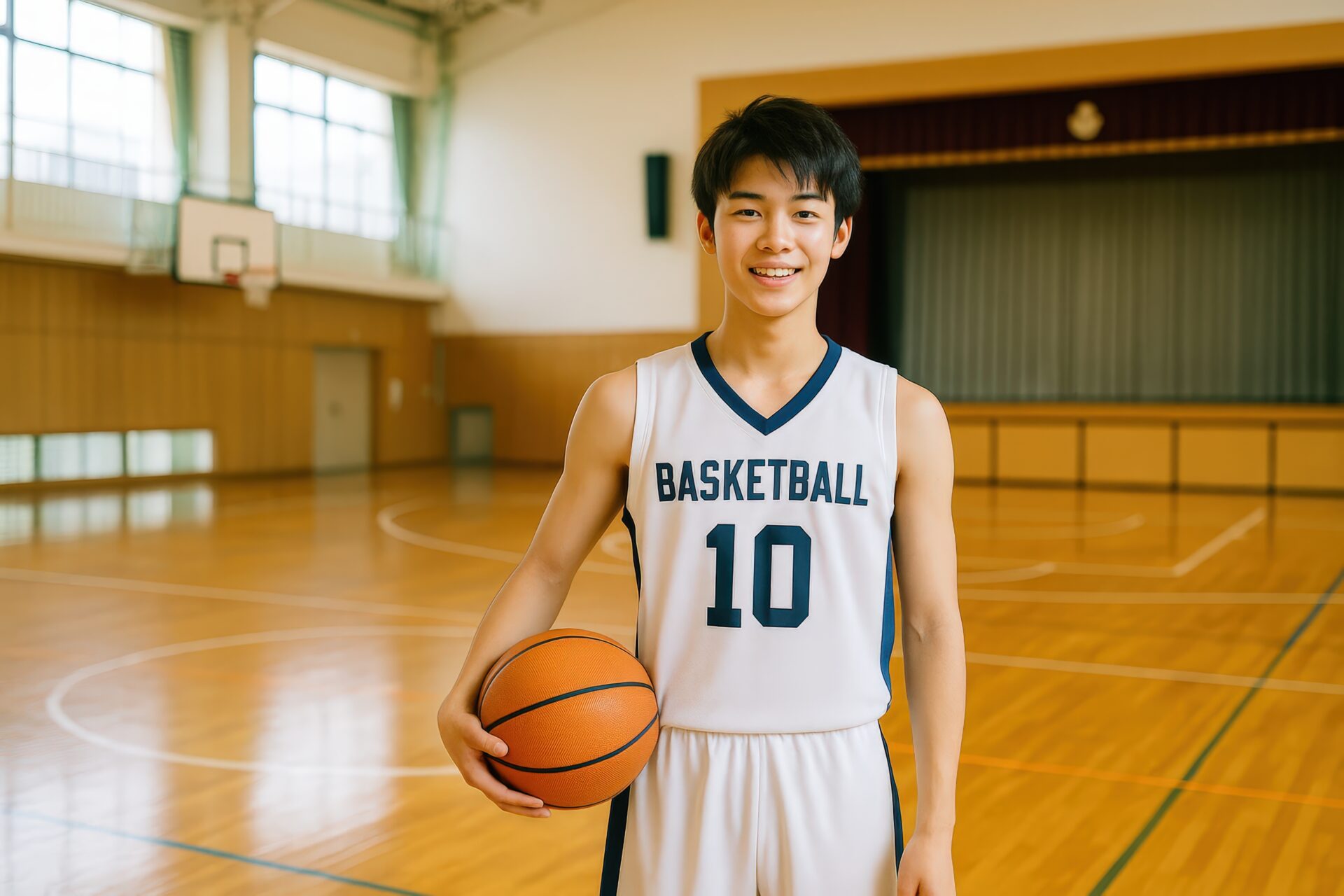 白いユニフォームを着た男子学生バスケットボール選手