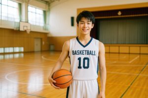 白いユニフォームを着た男子学生バスケットボール選手