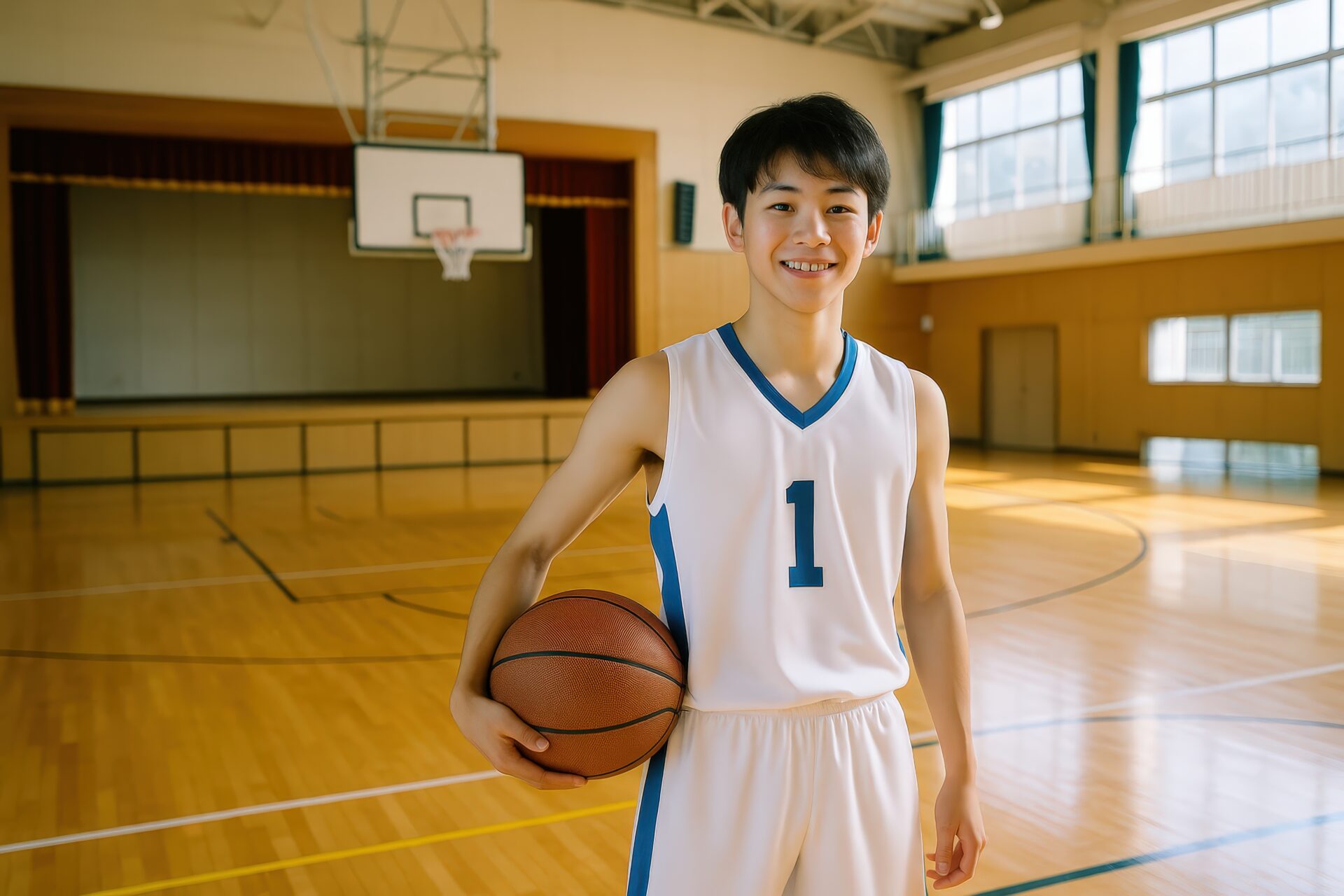 バスケットボールを片手に持つ笑顔の男子学生
