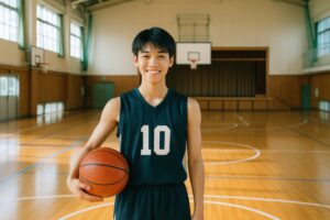 黒いユニフォームでバスケットボールを持つ男子学生