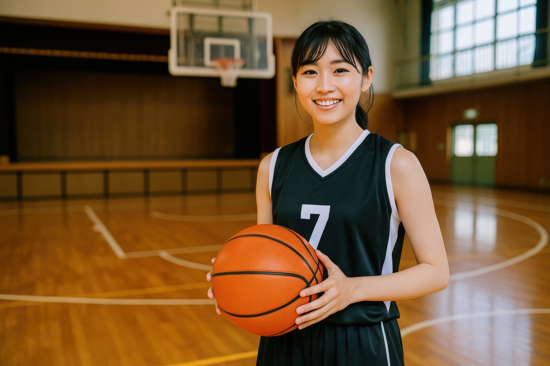 黒いユニフォームを着た女子学生バスケットボール選手