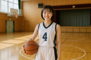 白いユニフォームを着た女子学生バスケットボール選手