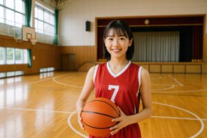 赤いユニフォームを着た笑顔の女子学生バスケットボール選手