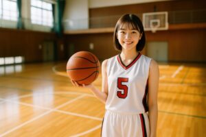 バスケットボールを片手に持つ女子学生