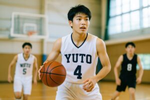 バスケットボールを持ち試合に集中する男子学生