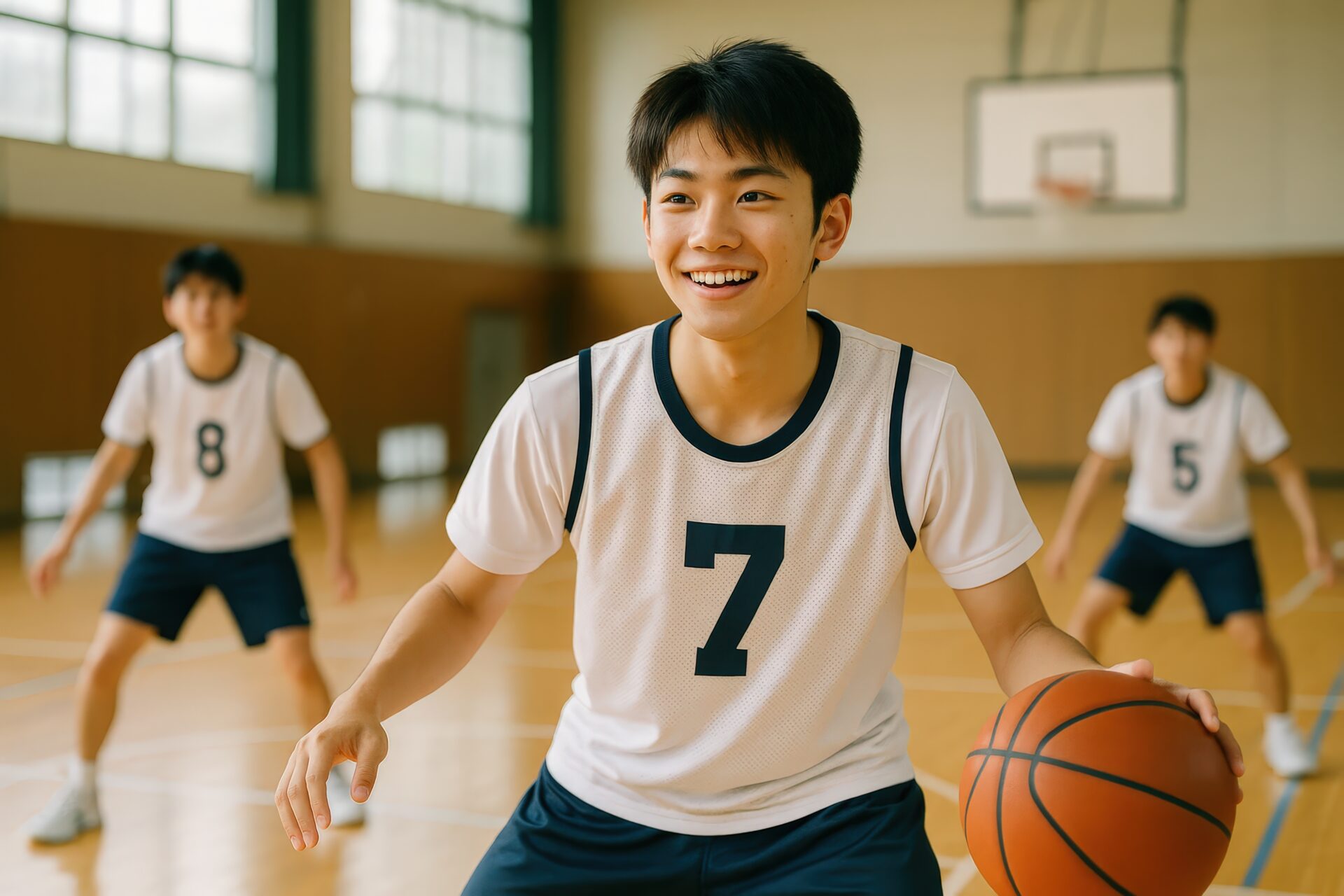 バスケットボールを持ち笑顔を見せる男子学生