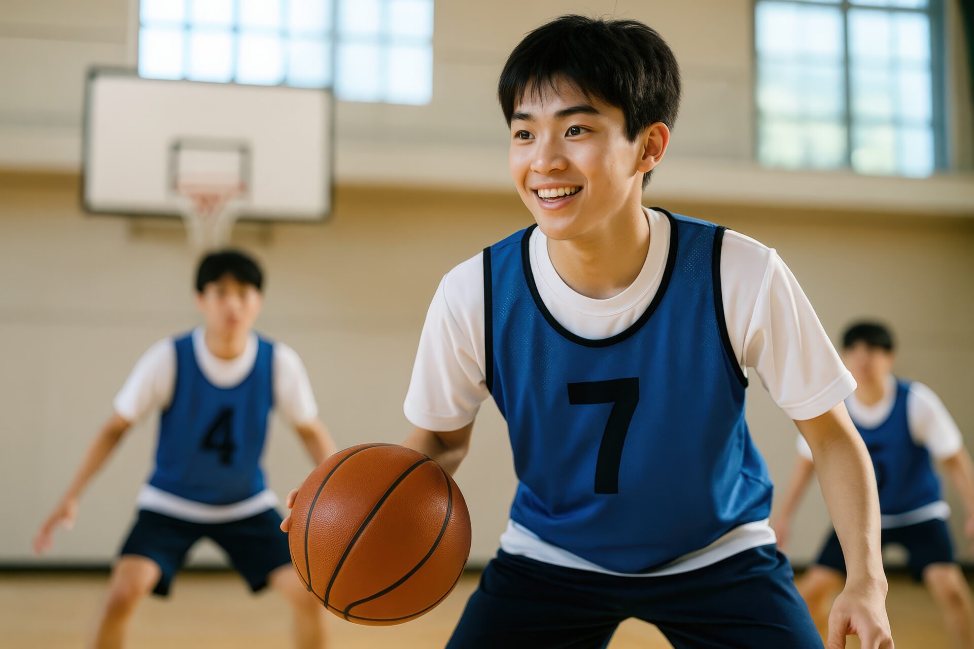 青いビブスを着てボールを持つ男子学生