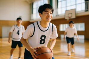 白いビブスを着てプレイ中の男子学生