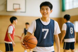 ビブスを着てプレイを楽しむ男子学生