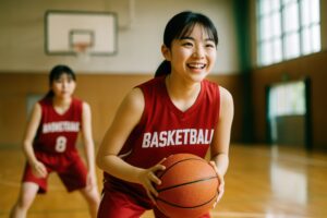 バスケットボールを構える笑顔の女子学生