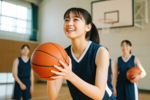 シュートを狙う笑顔の女子学生