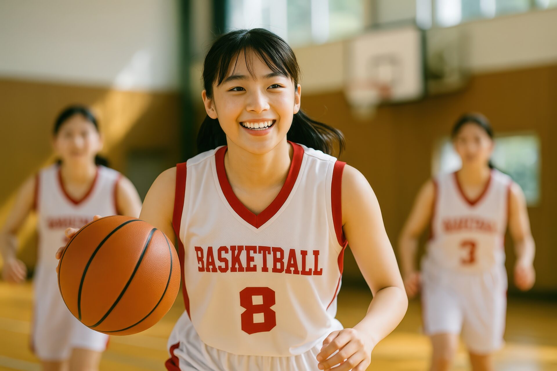 ボールを持って走る笑顔の女子学生