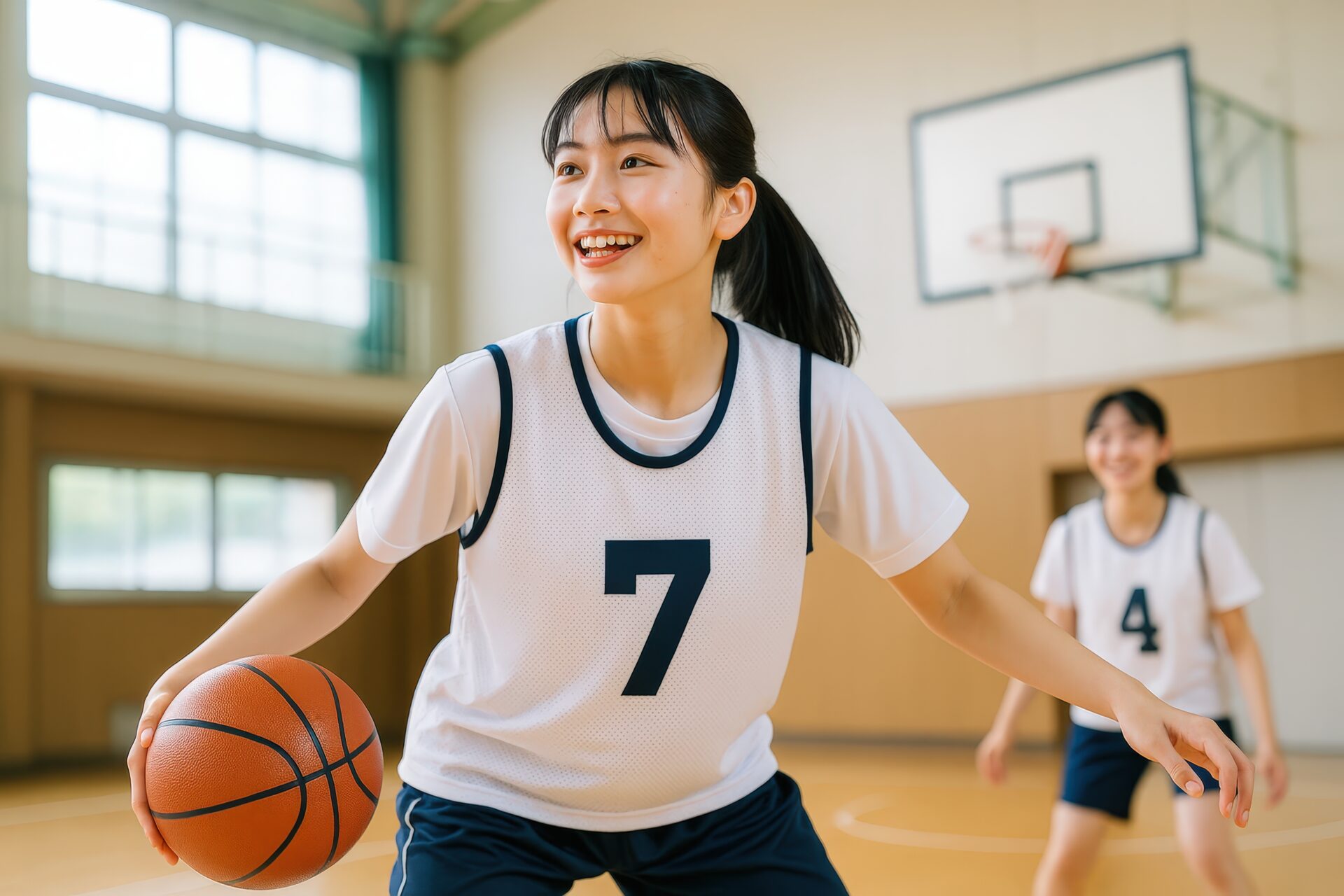 ドリブルしながらポーズを取る女子学生