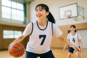 ドリブルしながらポーズを取る女子学生