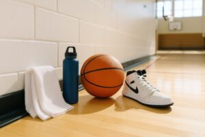体育館の壁際に置かれたバスケットボールと片方のバッシュ